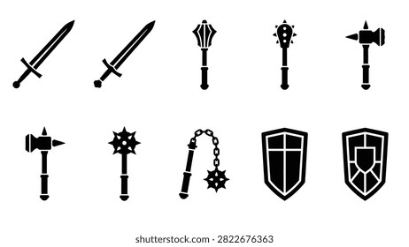 Compilation of medieval weaponry icons featuring swords maces hammers and shields. High contrast vector illustrations ideal for game development digital art or historical design assets. Includes flail and various protective shields suitable for rpg character kits or project design templates.