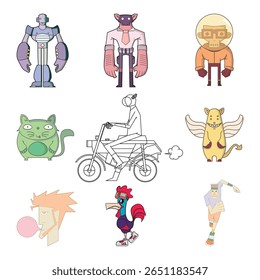 A compilation of nine cartoon illustrations featuring a variety of unique characters