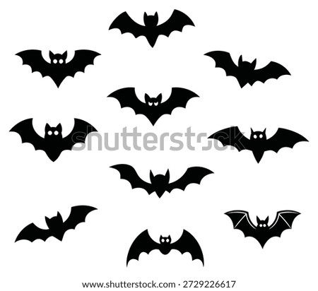 A compilation of nine distinct black silhouette bat shapes arranged randomly against a pure white backdrop, perfect for spooky themes, Halloween decorations, or nature design projects.
