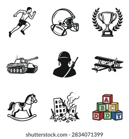 A compilation of nine distinct black and white vector icons depicting a runner a football helmet a trophy a tank a soldier a biplane a rocking horse a destroyed building and alphabet blocks