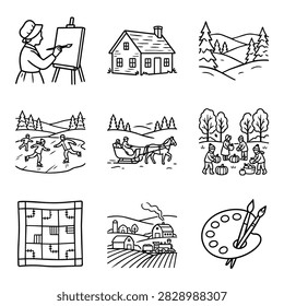 A compilation of nine distinct line art drawings showcasing diverse subjects like art, housing, nature, and activities