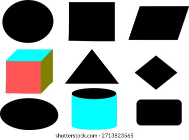 Eine Zusammenstellung von neun grundlegenden geometrischen Formen und Formen, dargestellt als Vektorgrafiken. Das Set umfasst zweidimensionale Formen wie Kreis, Quadrat, Parallelogramm, Dreieck, Rhombus (Diamant).