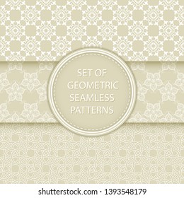 Compilation of patterns. Oriental ethnic white prints on olive green background