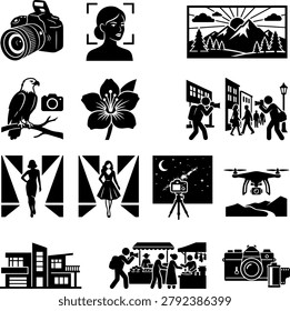 Compilation of photographic elements and scenes, featuring cameras, wildlife, city streets, fashion figures, night sky, and drone footage.
