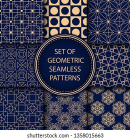 Compilation of seamless patterns. Golden blue set of abstract and geometric backgrounds