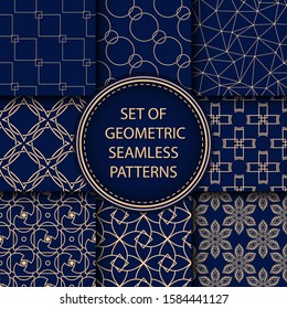 Compilation of seamless patterns. Golden blue set of abstract and geometric backgrounds. Vector illustration