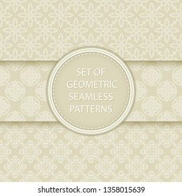Compilation of seamless patterns. Oriental ethnic white prints on olive green background