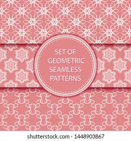 Compilation of seamless patterns. Oriental ethnic white prints on pink background. Vector illustration
