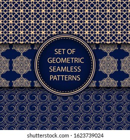 Compilation of seamless patterns. Oriental ethnic golden blue set of backgrounds. Vector illustration