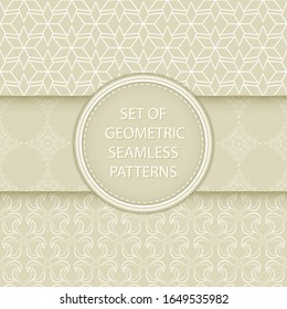 Compilation of seamless patterns. Oriental ethnic white prints on olive green background. Vector illustration