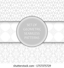 Compilation of seamless patterns. Oriental ethnic gray prints on white background. Vector illustration