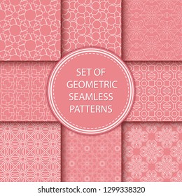 Compilation of seamless patterns. White abstract and geometric prints on pink background