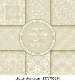 Compilation of seamless patterns. White abstract and geometric prints on olive green background