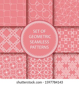 Compilation of seamless patterns. White abstract and geometric prints on pink background. Vector illustration