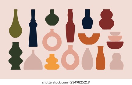 Compilation set of aesthetic contemporary modern boho textured vector illustration ceramic vases pottery in pastel element shapes.