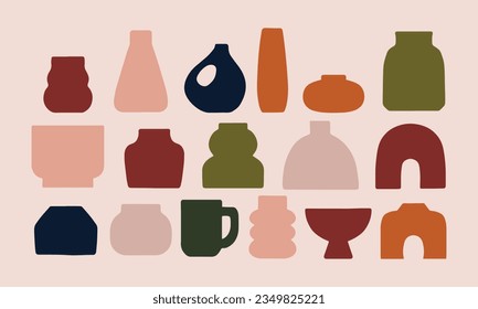 Conjunto de compilación de estética moderna de boho texturizado ilustración vectorial de vases cerámicos en formas de elementos pastel.