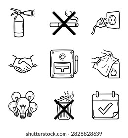 A compilation of simple line art icons illustrating safety measures, business concepts, and creative thinking.