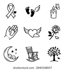 A compilation of simple line art icons symbolizing concepts of life, loss, and memory, including footprints, a candle, a rose, and a rocking chair.