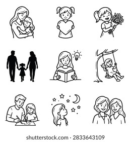 A compilation of simple line drawings depicting various family interactions and childrens joyful experiences.