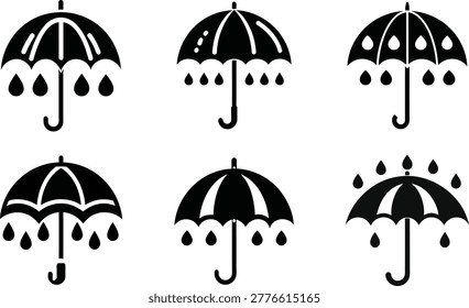 A compilation of six black silhouette icons depicting umbrellas with falling raindrops. The icons showcase different umbrella shapes and arrangements of water droplets, symbolizing protection from the rain. These graphics are suitable for weather-related designs, travel, or any theme involving precipitation.