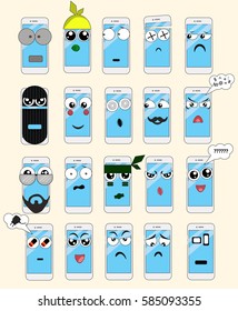 Compilation of smiles in the form of a mobile phone. Smiley mobile phone, tablet, PC.