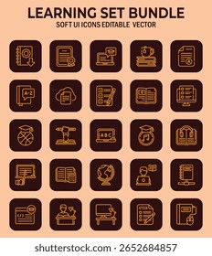 Compilação de ilustrações de ícones de interface do usuário suaves que mostram vários elementos relacionados à educação e aos esforços acadêmicos