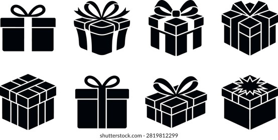 A compilation of square gift boxes in a flat lay style, featuring varied patterns like camouflage, floral, and stripes, with elegant bows.
