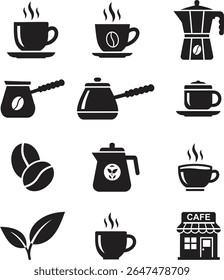 Uma compilação de ícones pretos estilizados com xícaras de café, panelas de cerveja, grãos de café, folhas de chá