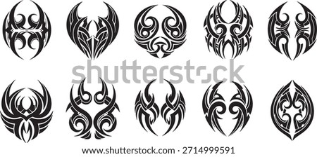 A compilation of ten distinct black tribal tattoo designs or abstract graphic elements, perfect for use as decals, body art inspiration, or decorative motifs. All designs are presented against a clean