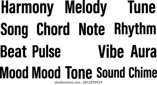 A compilation of terms associated with auditory experiences and musical elements. Features Harmony, Melody, Tune, Song, Chord, Note, Rhythm, Beat, Pulse, Vibe, Aura, Mood, Tone, Sound, Chime.