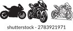 Compilation of three sport motorcycle illustrations featuring solid shadow detailed art and line design.