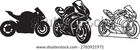 Compilation of three sport motorcycle illustrations featuring solid shadow detailed art and line design.