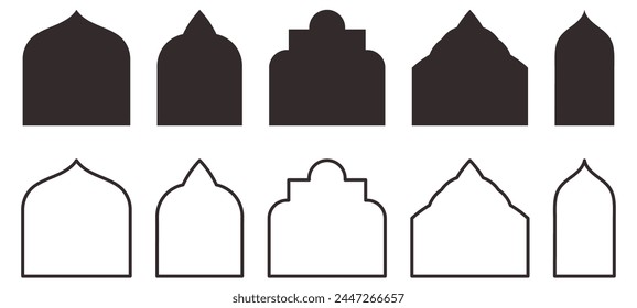 Compilation of traditional Islam window or door shapes. Set of Mosque Muslim frames depicted in silhouette and outline.