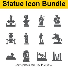 A compilation of twelve distinct silhouette icons depicting various sculptures and statues isolated on a white background