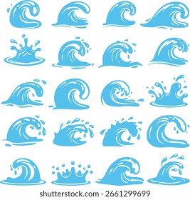 Una recopilación de veinte ilustraciones distintas de ondas de agua azules, que muestran varios movimientos acuáticos y energía, todos presentados sobre un fondo blanco liso.