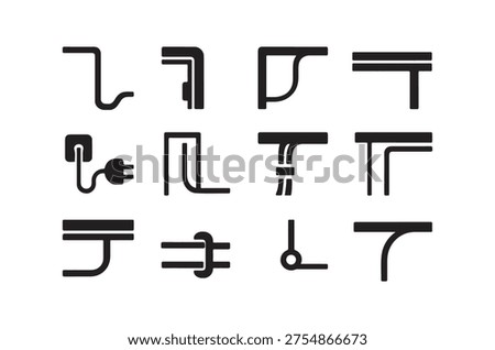 A compilation of various black, abstract pipe and conduit shapes arranged in a grid.