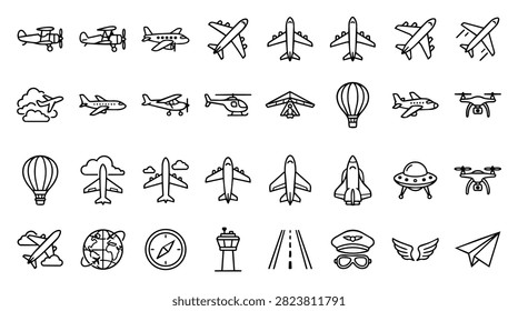 A compilation of various flying machines and aviation related symbols presented as clean line drawings on a white background
