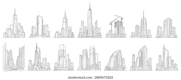 A compilation of various hand-drawn skyscraper illustrations, showcasing different architectural styles and urban landscapes