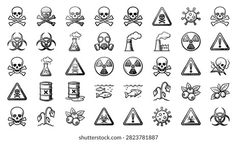 A compilation of various hazard symbols and icons including skulls, biohazards, radiation, and toxic waste.