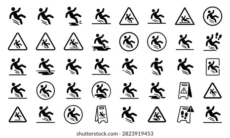 A compilation of various icons representing slippery surfaces and caution signs for wet floors.