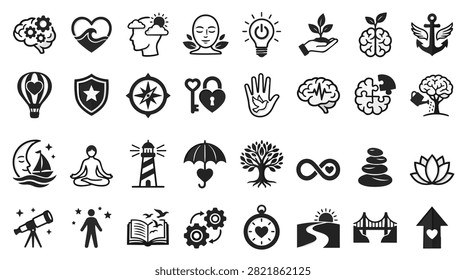 A compilation of various icons symbolizing different concepts such as health, nature, and technology