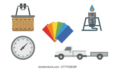 A compilation of various items including a hot air balloon basket, color swatches, a Bunsen burner, a gauge, and a pickup truck with a trailer.