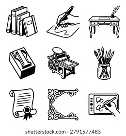 A compilation of various items related to art, writing, and printing, presented in a graphic style.