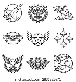 A compilation of various military aviation emblems, badges, and stylized aircraft illustrations in a clean line art style.
