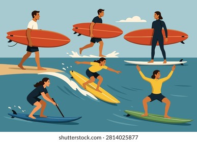 Compilation of various surfers and paddleboarders enjoying water sports on ocean waves during a sunny day at the beach.