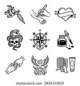 A compilation of various tattoo design elements including a tattoo machine, compass, snake, skull, heart, phoenix, and medical supplies.