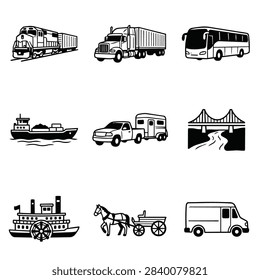 A compilation of various transportation methods including trains trucks buses boats cars bridges and horse drawn carriages