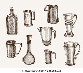 compilation of vector sketches containers for beverages