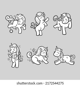 Compile of cute unicorn outline black and white illustration 3