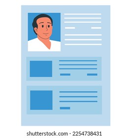 Compiled resume of a man for a job search. Vector, flat.